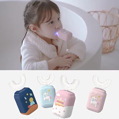 Children Electric U-shaped Toothbrush Cartoon Automatic Sonic Tooth Cleaner(Light Blue)